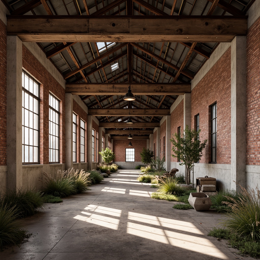 Prompt: Rustic industrial landscape, abandoned factories, worn brick walls, distressed metal roofs, reclaimed wood accents, earthy tones, natural textures, regional materials, local craftsmanship, exposed ductwork, concrete floors, steel beams, functional minimalism, industrial chic aesthetic, warm soft lighting, shallow depth of field, 1/1 composition, realistic renderings, ambient occlusion.