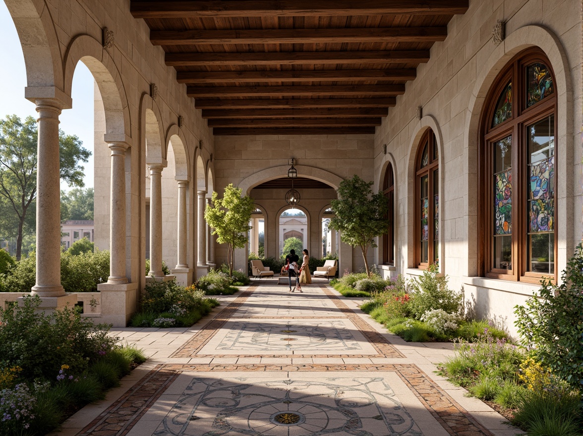 Prompt: Rustic stone walls, arched windows, ornate carvings, grand entrance halls, high ceilings, wooden beams, stained glass windows, vibrant colorful mosaics, intricate stone patterns, lush greenery, blooming flowers, sunny day, soft warm lighting, shallow depth of field, 3/4 composition, panoramic view, realistic textures, ambient occlusion.