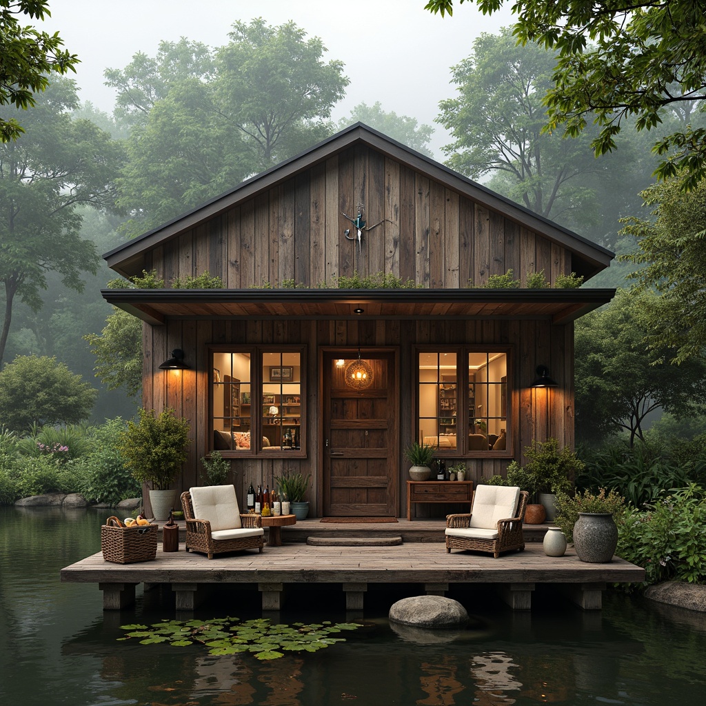 Prompt: Whimsical boathouse, eclectic facade, distressed wood textures, vintage nautical elements, rusty metal accents, colorful glass bottles, woven wicker furniture, lush greenery, overgrown vegetation, misty morning atmosphere, soft warm lighting, shallow depth of field, 1/1 composition, realistic water reflections, ambient occlusion.