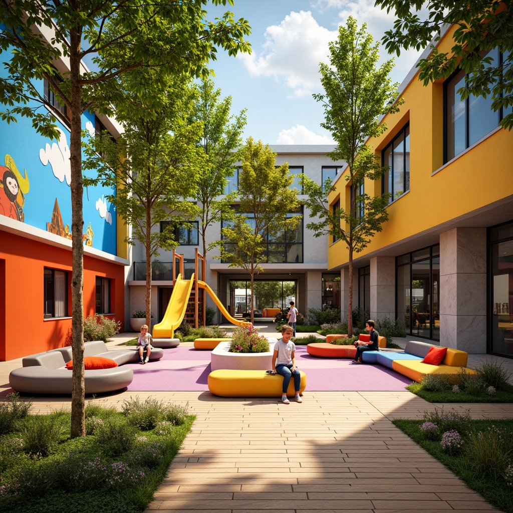 Prompt: Vibrant playground, bright color accents, whimsical murals, playful furniture, soft cushions, rounded shapes, natural wood textures, bold geometric patterns, sunny day, warm lighting, shallow depth of field, 1/1 composition, realistic renderings, ambient occlusion.