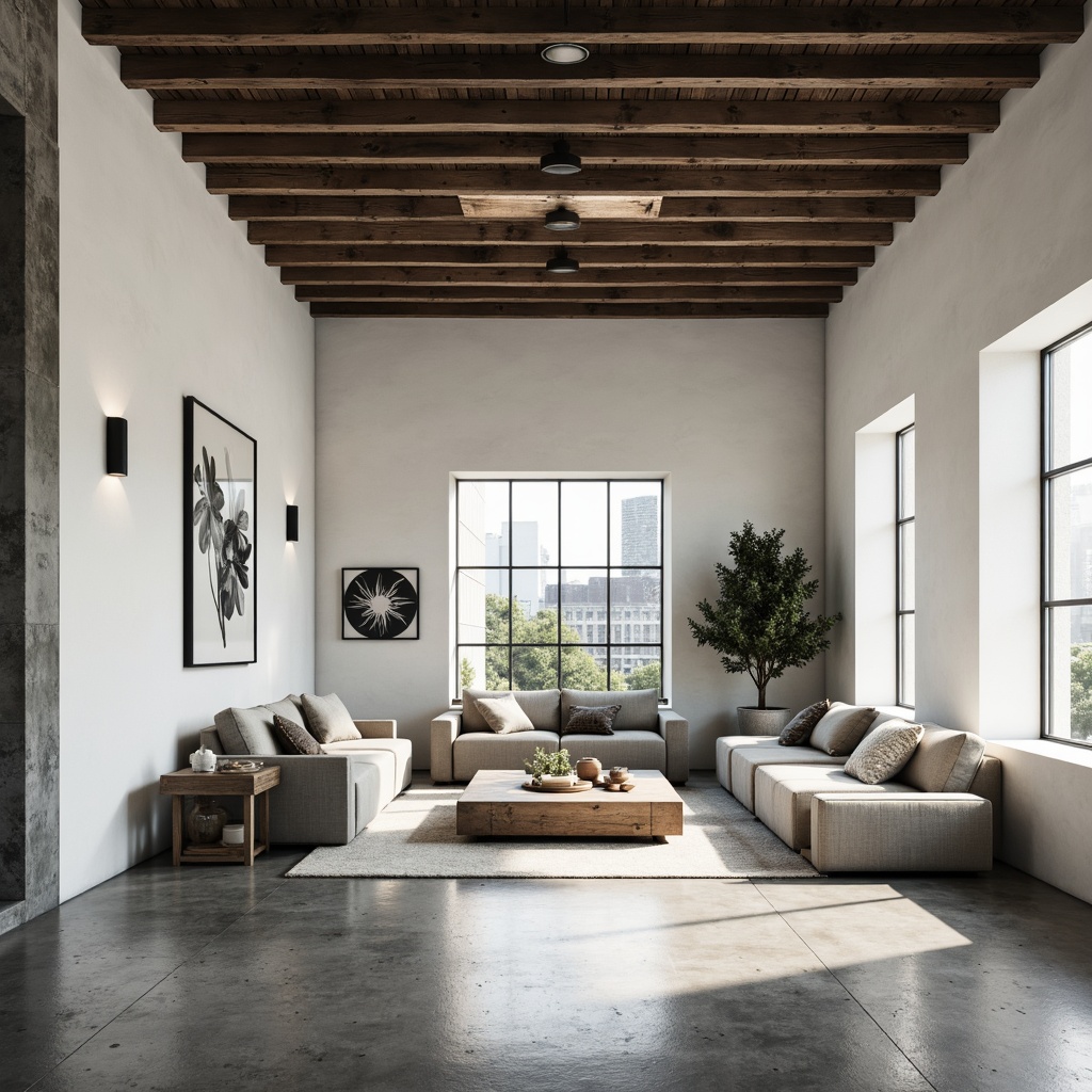 Prompt: Monochromatic color scheme, sleek lines, minimal ornamentation, polished concrete floors, matte white walls, industrial metal beams, reclaimed wood accents, low-profile furniture, subtle texture contrasts, ambient natural light, soft warm glow, 1/1 composition, shallow depth of field, realistic material reflections.