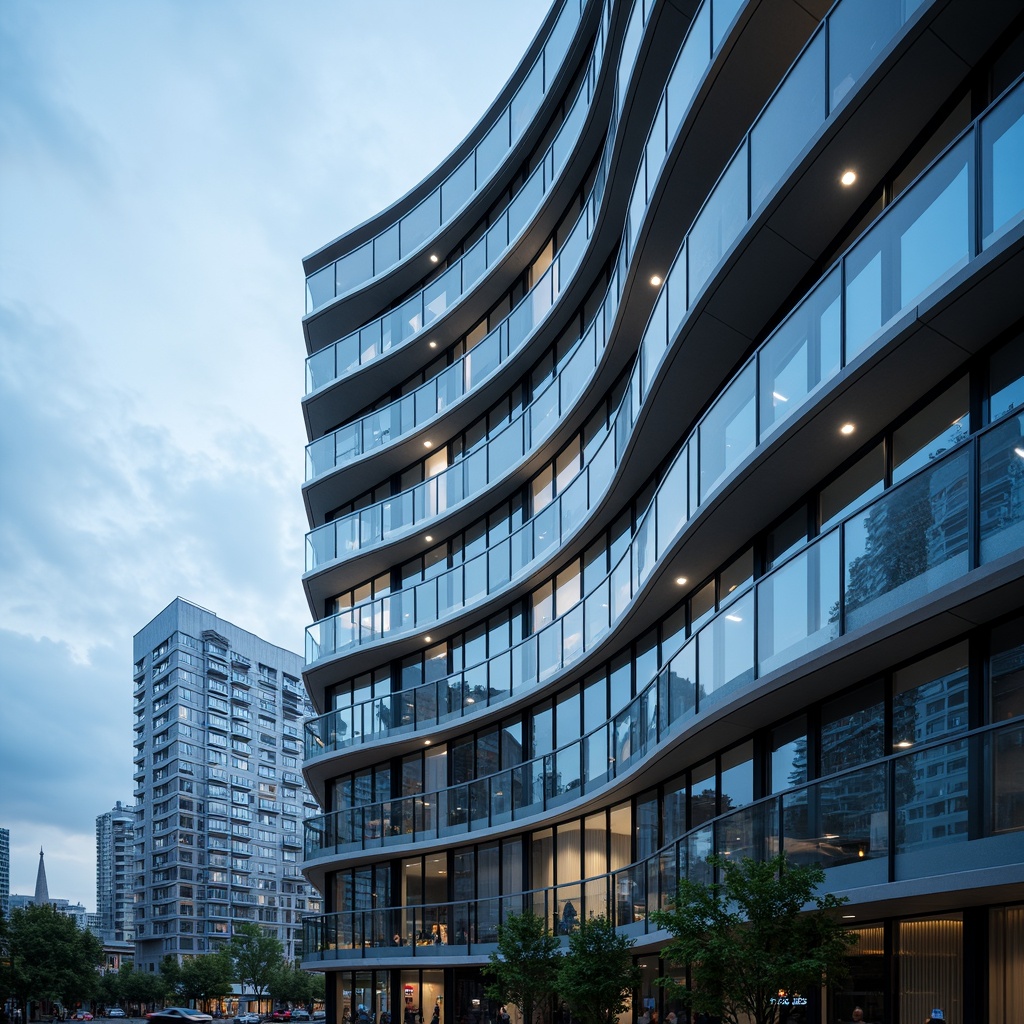 Prompt: Curved building facade, sleek metal frames, minimalist window patterns, reflective glass surfaces, angular lines, modern streamline moderne style, futuristic aesthetic, urban cityscape, cloudy blue sky, soft warm lighting, shallow depth of field, 3/4 composition, panoramic view, realistic textures, ambient occlusion, silver aluminum accents, hidden window hinges, automated window systems, energy-efficient glazing, soundproofing technology, minimalist interior design, monochromatic color scheme.