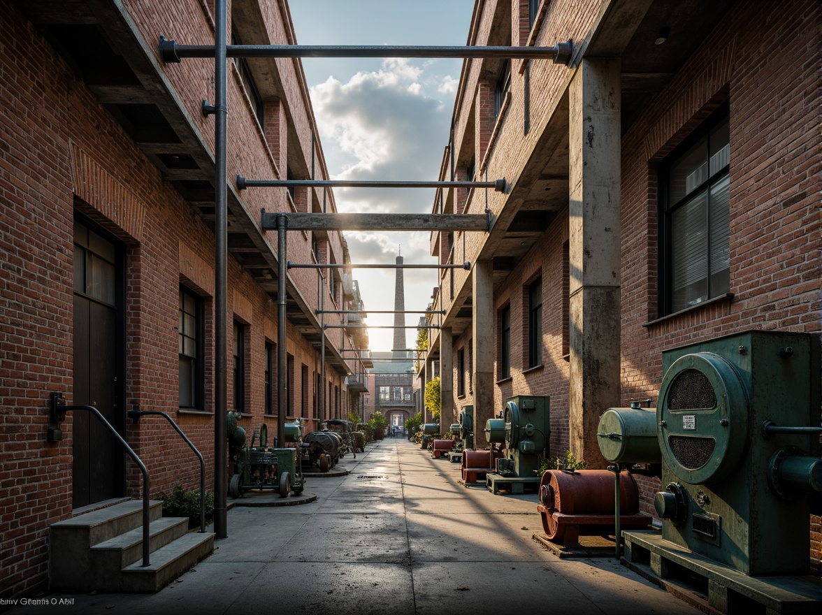 Prompt: Industrial factory setting, exposed brick walls, metal beams, worn wooden floors, distressed concrete textures, vintage machinery, rusty pipes, urban cityscape, cloudy grey skies, warm golden lighting, shallow depth of field, 1/2 composition, realistic render, ambient occlusion, muted color palette, earthy tones, weathered steel blues, faded reds, industrial greens, creamy whites, worn leather accents, metallic sheens.