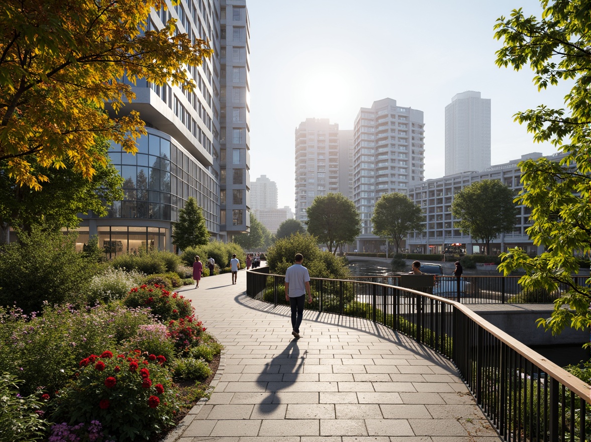 Prompt: Curved pedestrian bridge, lush greenery, vibrant flowers, natural stone walkways, wooden railings, modern architecture, sleek metal structures, glass floors, scenic city views, urban landscape integration, bustling streets, morning sunlight, soft warm lighting, shallow depth of field, 3/4 composition, panoramic view, realistic textures, ambient occlusion.