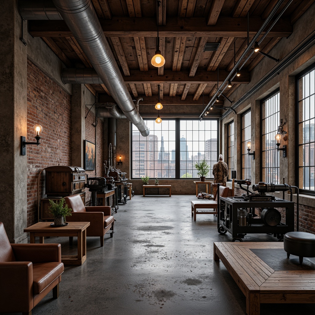 Prompt: Rustic industrial warehouse, exposed brick walls, metal beams, reclaimed wood accents, distressed concrete floors, vintage machinery, worn leather upholstery, metallic pipes, Edison bulb lighting, urban cityscape, cloudy grey sky, soft natural light, shallow depth of field, 2/3 composition, realistic textures, ambient occlusion.