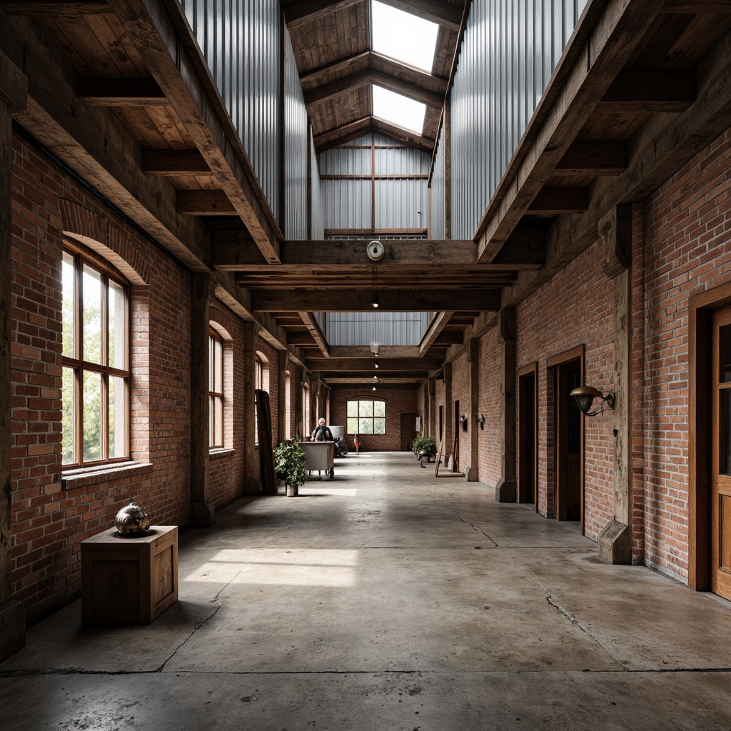 Prompt: Rustic industrial landscape, abandoned factories, worn brick walls, distressed metal roofs, reclaimed wood accents, earthy tones, natural textures, regional materials, local craftsmanship, exposed ductwork, concrete floors, steel beams, functional minimalism, industrial chic aesthetic, warm soft lighting, shallow depth of field, 1/1 composition, realistic renderings, ambient occlusion.