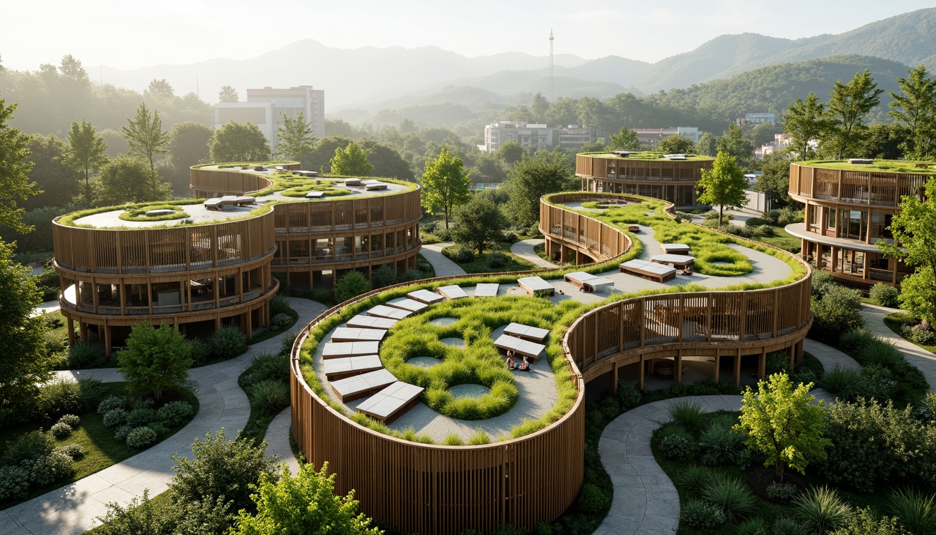 Prompt: Eco-friendly buildings, lush green roofs, solar panels, wind turbines, rainwater harvesting systems, natural ventilation, recycled materials, bamboo facades, living walls, organic shapes, curved lines, earthy tones, serene atmosphere, soft natural lighting, shallow depth of field, 3/4 composition, panoramic view, realistic textures, ambient occlusion.