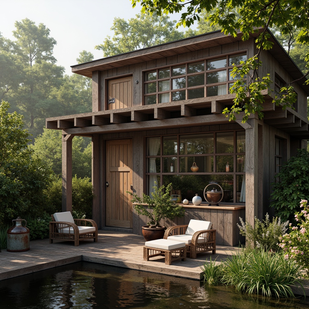 Prompt: Whimsical boathouse, eclectic facade, distressed wood textures, vintage nautical elements, rusty metal accents, colorful glass bottles, woven wicker furniture, lush greenery, overgrown vegetation, misty morning atmosphere, soft warm lighting, shallow depth of field, 1/1 composition, realistic water reflections, ambient occlusion.