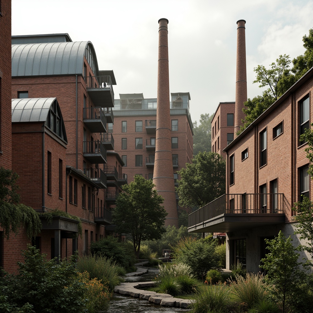 Prompt: Industrial factory complex, rustic brick buildings, corrugated metal roofs, worn concrete walls, vintage machinery, abandoned chimneys, overgrown vegetation, wildflowers, meandering streams, misty atmosphere, soft warm lighting, shallow depth of field, 3/4 composition, panoramic view, realistic textures, ambient occlusion, regionalism-inspired architecture, modern industrial design, functional spaces, exposed ductwork, metal catwalks, reclaimed wood accents, earthy color palette, natural stone pathways, weathered steel bridges.