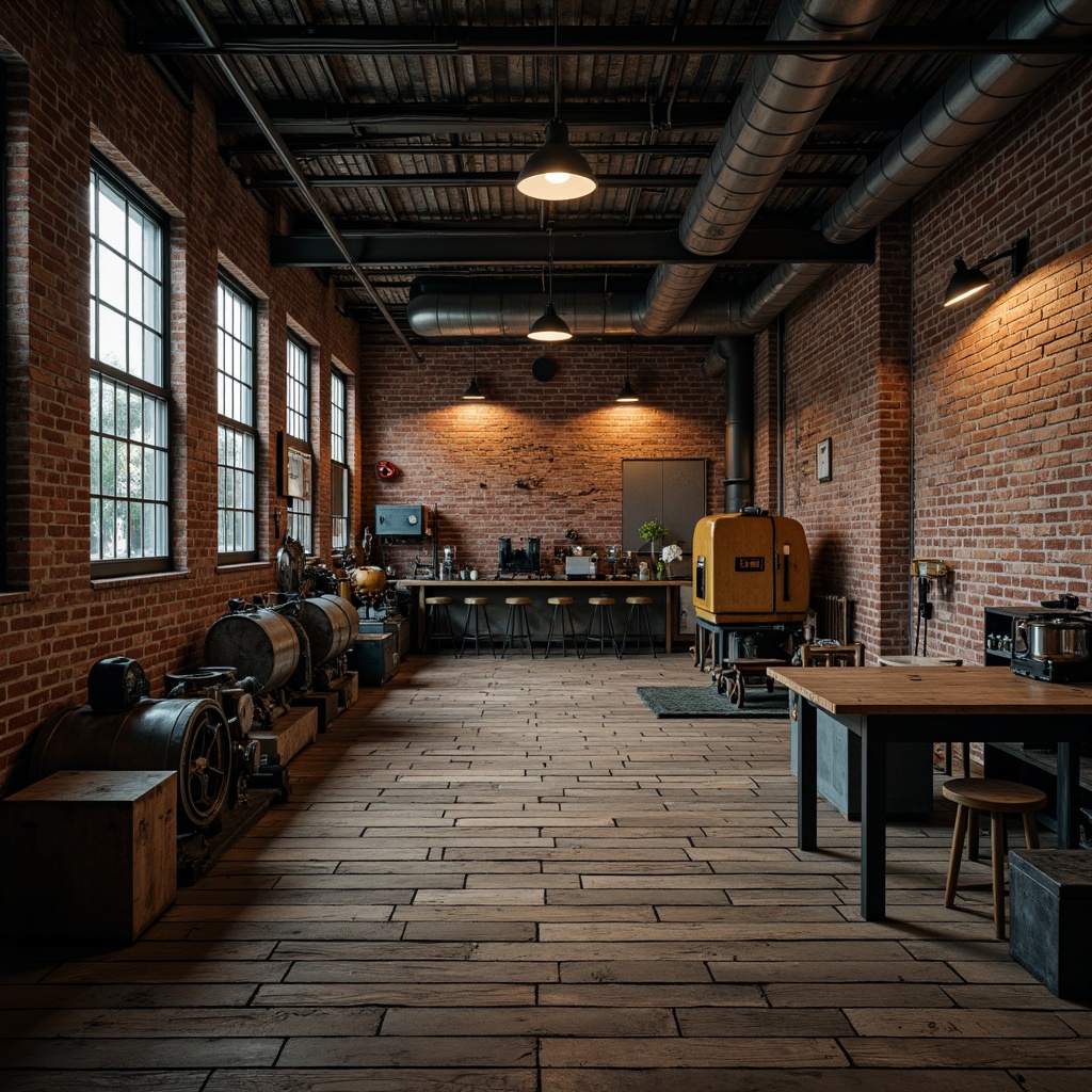 Prompt: Industrial factory setting, exposed brick walls, metal beams, worn wooden floors, vintage machinery, distressed textures, earthy tones, muted colors, rusty reds, weathered blues, faded yellows, industrial greys, urban atmosphere, gritty realism, high contrast lighting, dramatic shadows, cinematic composition, 1/2 camera angle, realistic renderings, ambient occlusion.