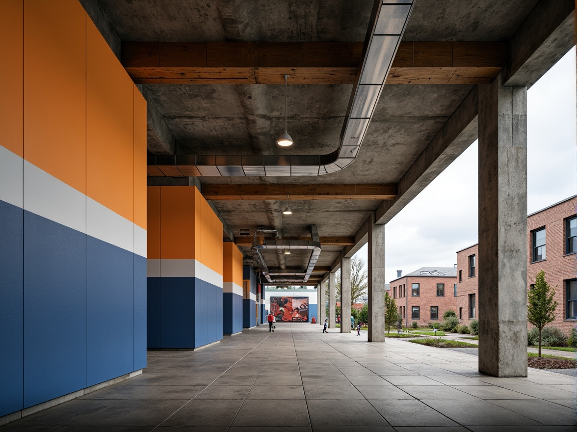 Prompt: Rough-hewn concrete walls, exposed ductwork, industrial metal beams, polished wooden accents, bold color blocking, natural stone flooring, brutalist architecture, middle school setting, educational murals, urban landscape views, overcast skies, dramatic shadows, high-contrast lighting, 1/1 composition, symmetrical framing, gritty textures, ambient occlusion.