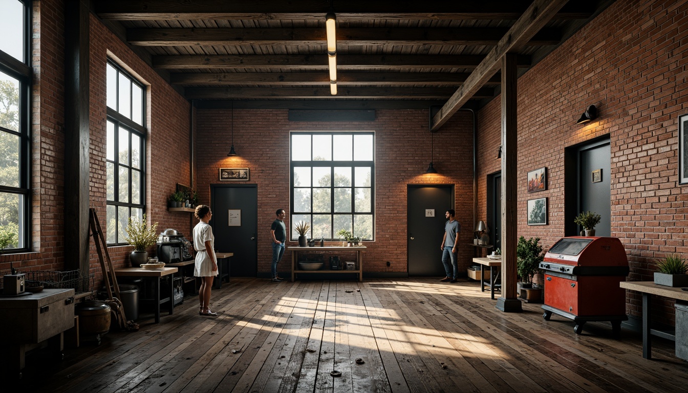 Prompt: Industrial factory setting, exposed brick walls, metal beams, worn wooden floors, vintage machinery, distressed textures, earthy tones, muted colors, rusty reds, weathered blues, faded yellows, industrial greys, urban atmosphere, gritty realism, high contrast lighting, dramatic shadows, cinematic composition, 1/2 camera angle, realistic renderings, ambient occlusion.