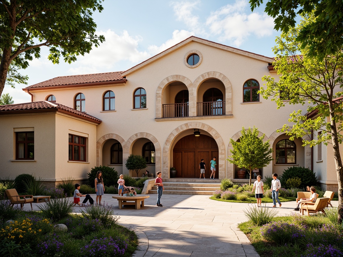 Prompt: Rustic elementary school building, Romanesque arches, warm beige stone walls, ornate carvings, grand entrance, heavy wooden doors, vibrant greenery, blooming flowers, playful playground equipment, colorful murals, educational signage, natural stone walkways, curved staircases, high ceilings, large windows, soft warm lighting, shallow depth of field, 3/4 composition, panoramic view, realistic textures, ambient occlusion.