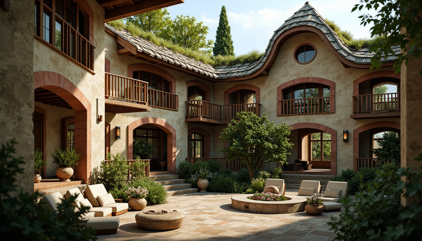 Prompt: Rustic monastery buildings, organic architecture, earthy tones, natural stone walls, wooden accents, curved lines, arched windows, stained glass details, intricate carvings, textured surfaces, rough-hewn stones, moss-covered roofs, lush greenery, serene atmosphere, soft warm lighting, shallow depth of field, 1/1 composition, realistic textures, ambient occlusion.