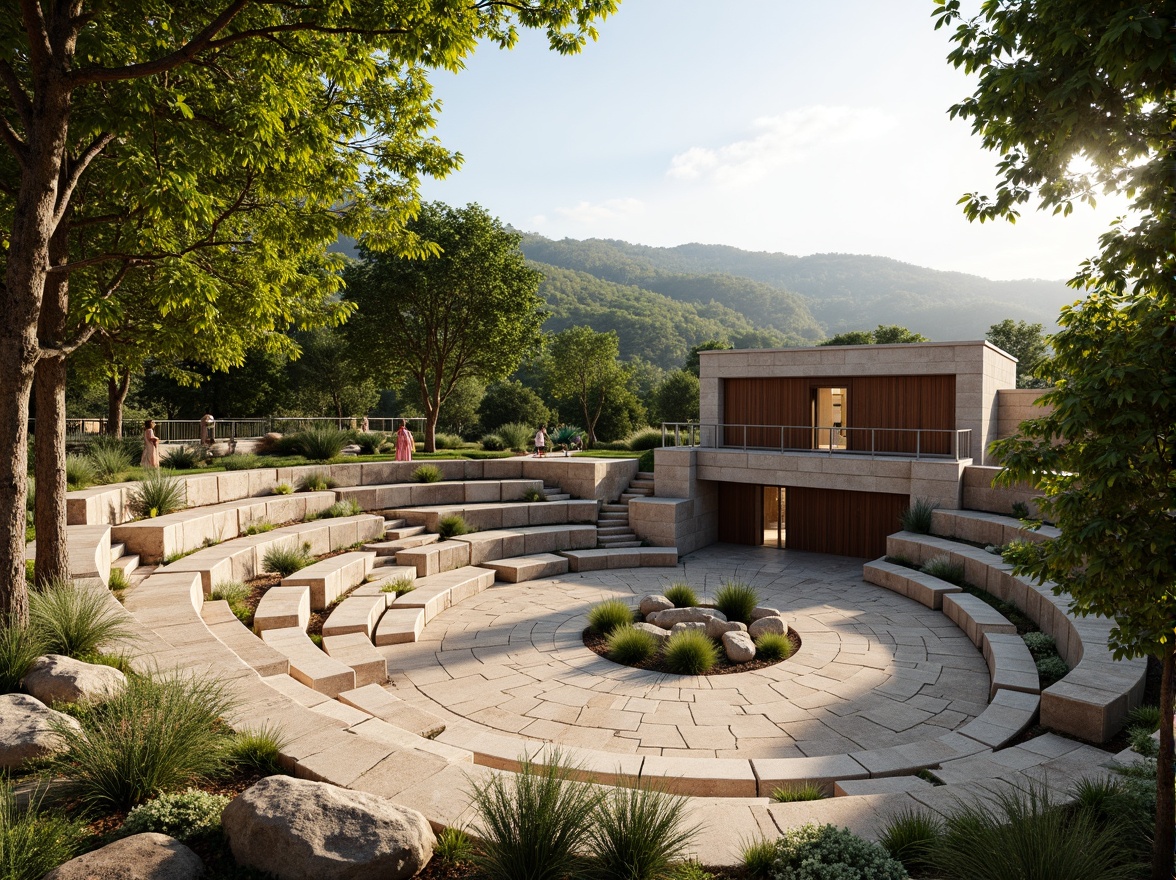 Prompt: Organic amphitheater, natural stone seating, lush greenery, curved lines, earthy tones, warm beige colors, rustic wooden accents, soft diffused lighting, dappled shade, afternoon sunbeams, gentle breeze, open-air atmosphere, panoramic views, 3/4 composition, shallow depth of field, realistic textures, ambient occlusion.