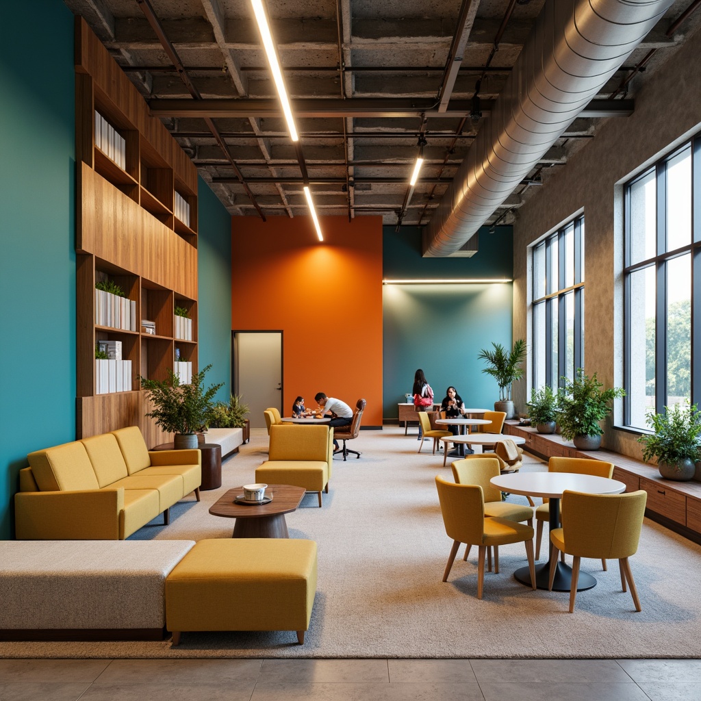 Prompt: Vibrant student lounge, bold accent walls, warm beige furniture, rich wood tones, calming blue-green hues, natural textiles, industrial metal accents, modern minimalist decor, cozy reading nooks, comfortable seating areas, abundant natural light, soft warm lighting, 1/1 composition, realistic textures, ambient occlusion.