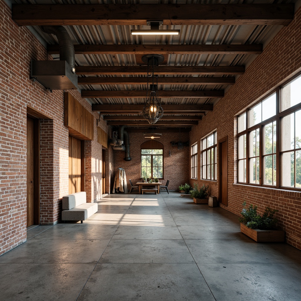 Prompt: Rustic industrial landscape, abandoned factories, worn brick walls, distressed metal roofs, reclaimed wood accents, earthy tones, natural textures, regional materials, local craftsmanship, exposed ductwork, concrete floors, steel beams, functional minimalism, industrial chic aesthetic, warm soft lighting, shallow depth of field, 1/1 composition, realistic renderings, ambient occlusion.