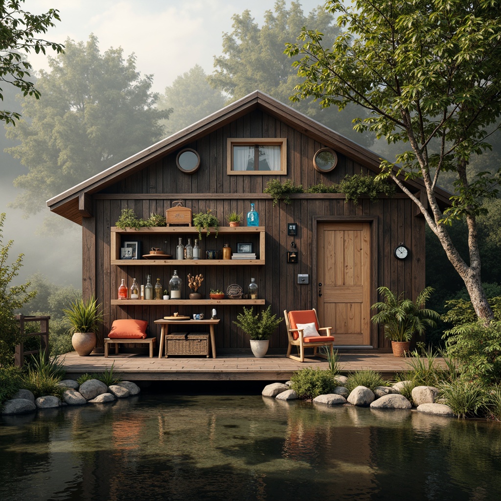 Prompt: Whimsical boathouse, eclectic facade, distressed wood textures, vintage nautical elements, rusty metal accents, colorful glass bottles, woven wicker furniture, lush greenery, overgrown vegetation, misty morning atmosphere, soft warm lighting, shallow depth of field, 1/1 composition, realistic water reflections, ambient occlusion.