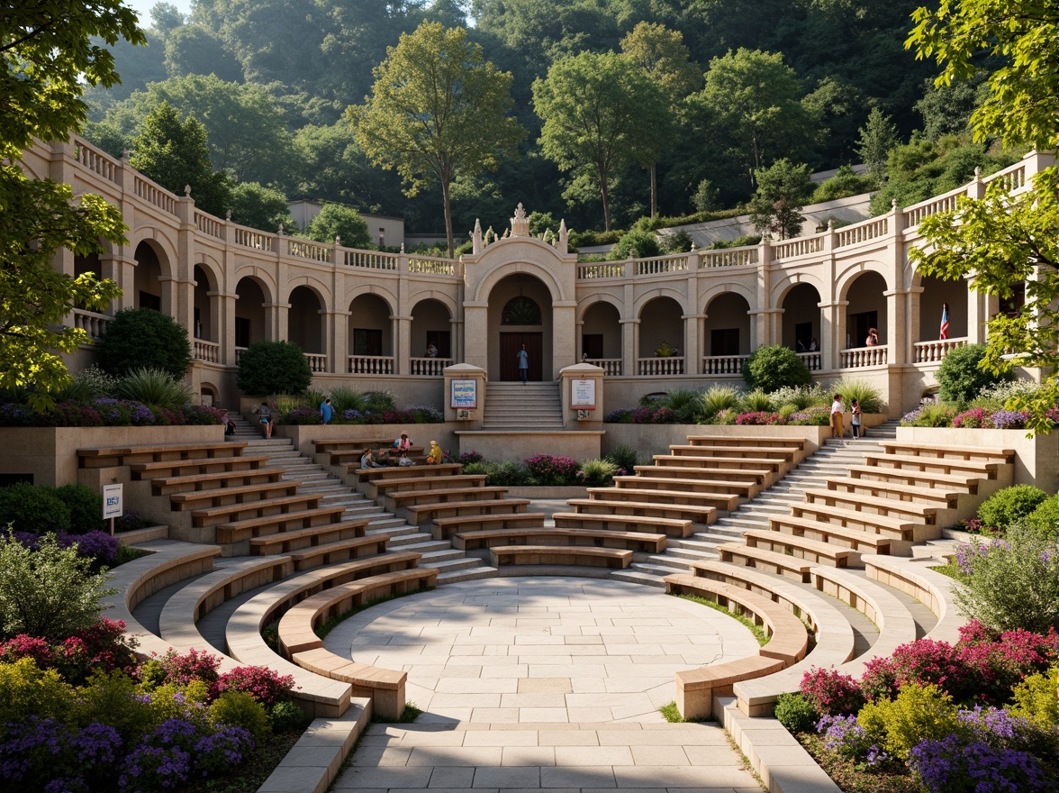 Prompt: Grand amphitheater, tiered seating, natural stone walls, lush greenery, vibrant flowers, wooden benches, educational signs, curved architecture, grand staircase, ornate railings, warm lighting, shallow depth of field, 3/4 composition, panoramic view, realistic textures, ambient occlusion.