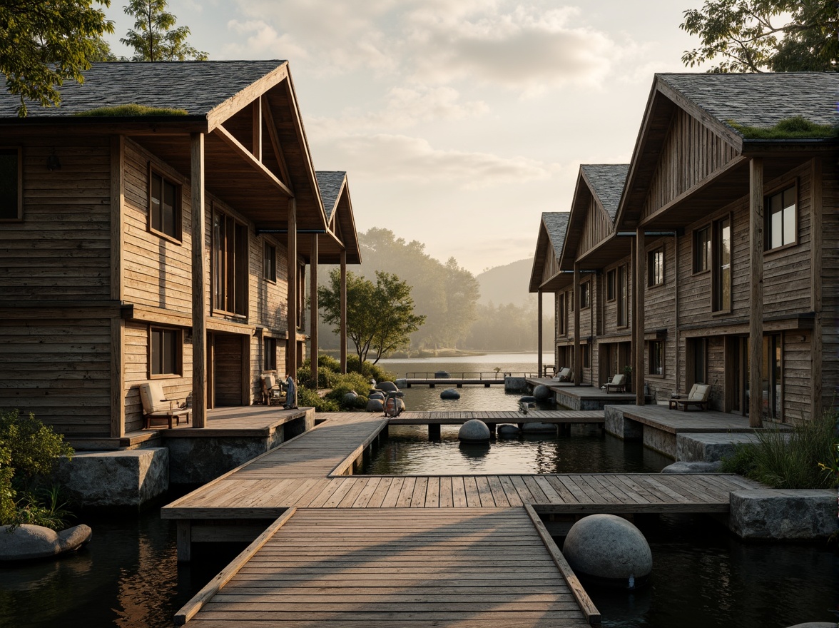 Prompt: Rustic wooden boathouse, weathered planks, distressed finishes, natural stone foundations, moss-covered roofs, overhanging eaves, wooden docks, nautical ropes, vintage anchors, aquatic plants, serene lake views, misty morning atmosphere, warm golden lighting, shallow depth of field, 1/2 composition, realistic wood textures, ambient occlusion.