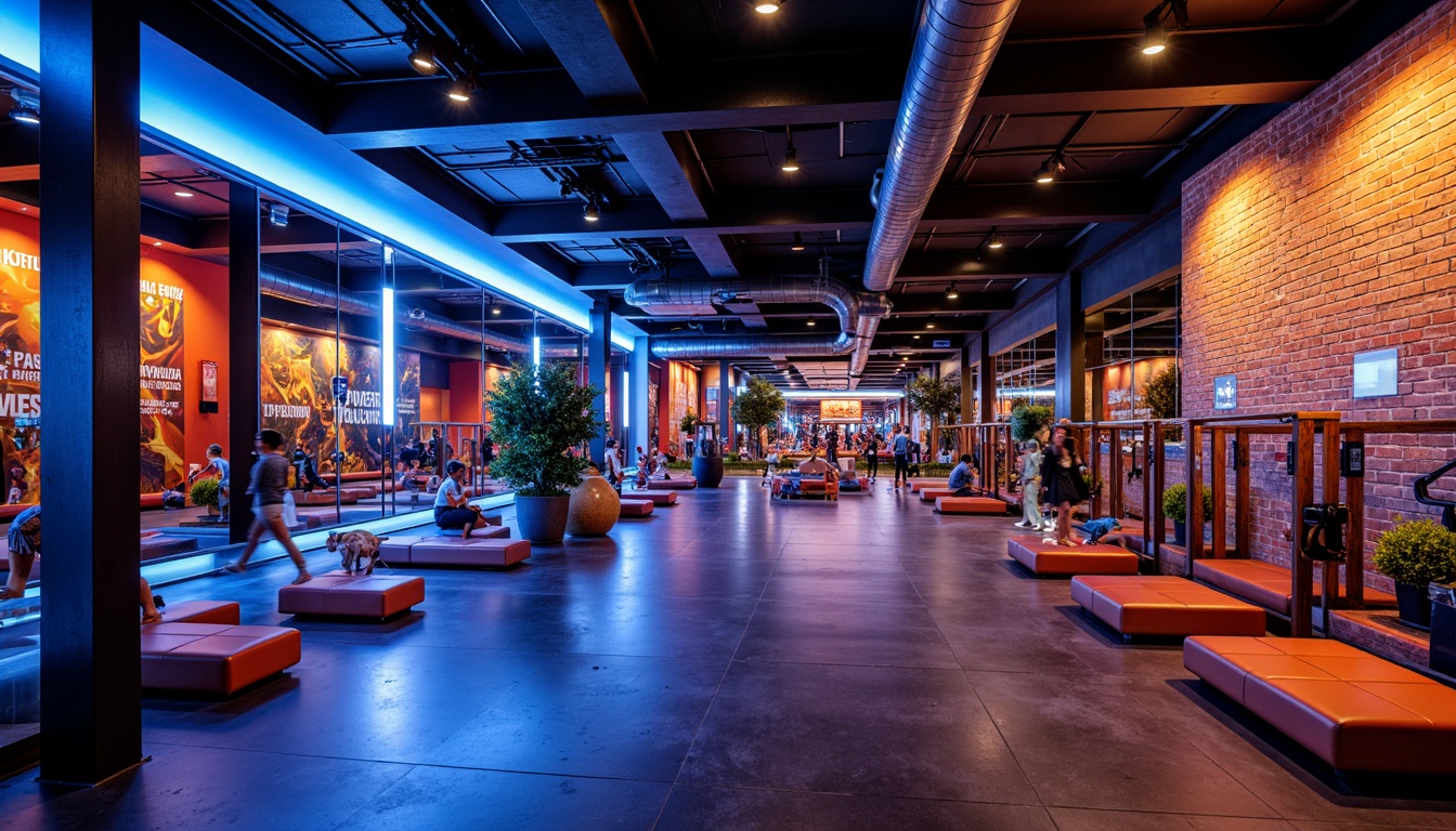 Prompt: Vibrant fitness club, energetic atmosphere, bold color scheme, neon lights, dark grey floors, metallic equipment, sleek mirrors, modern architecture, industrial chic design, urban loft style, exposed brick walls, reclaimed wood accents, motivational quotes, dynamic lighting, high-contrast colors, electric blue tones, fiery orange hues, deep black backgrounds, silver chrome details, abstract geometric patterns, futuristic ambiance, intense workout zones, relaxation lounges, natural stone features, refreshing greenery, invigorating scents.