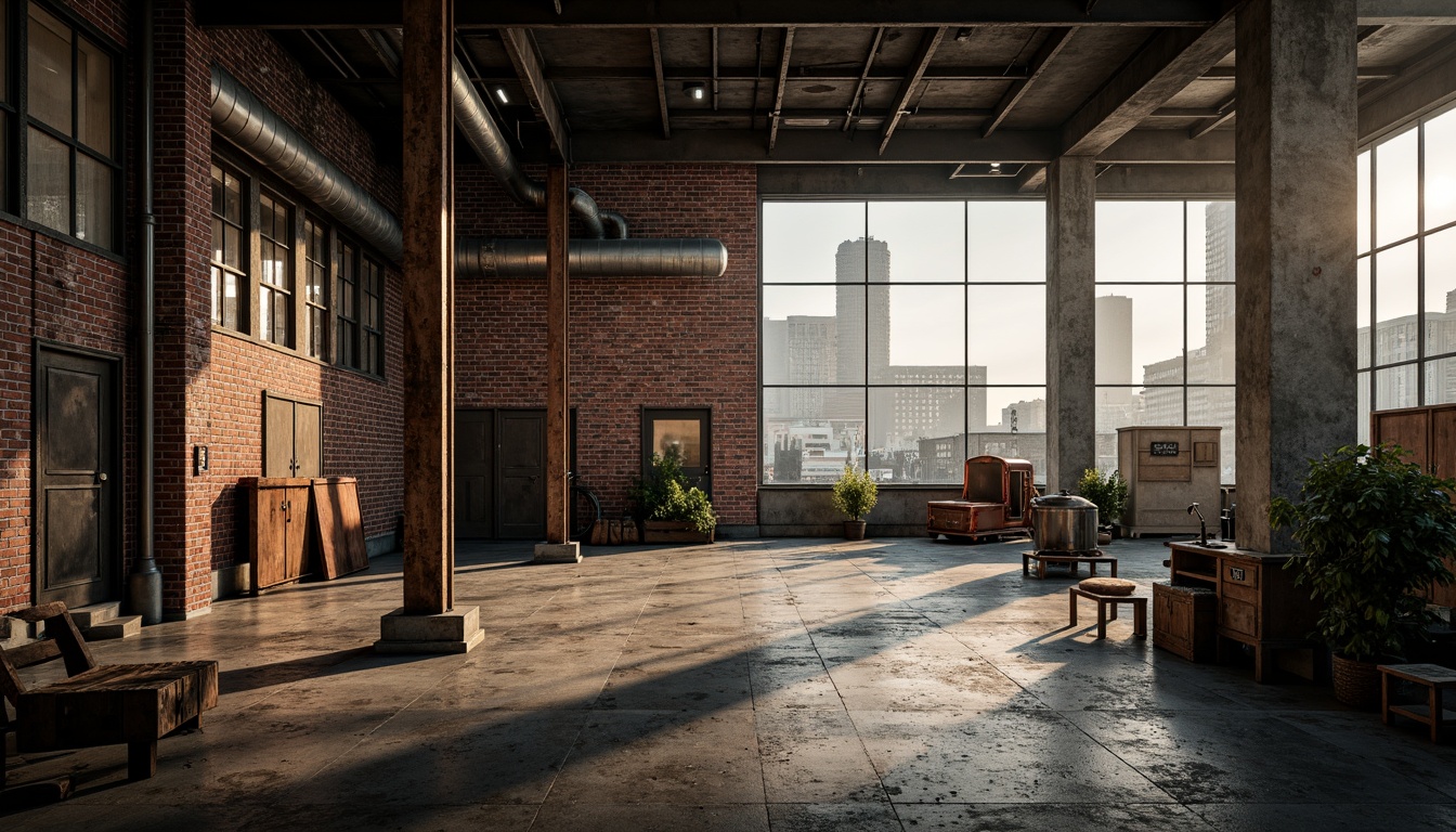 Prompt: Industrial factory setting, exposed brick walls, metal beams, worn wooden floors, distressed concrete textures, vintage machinery, rusty pipes, urban cityscape, cloudy grey skies, warm golden lighting, shallow depth of field, 1/2 composition, realistic materials, ambient occlusion, muted color palette, earthy tones, weathered steel blues, faded reds, industrial greens, creamy whites, rich browns.