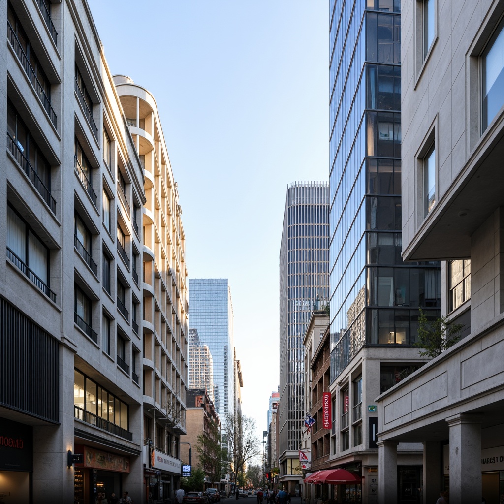 Prompt: Sleek modern buildings, curved lines, metallic surfaces, reflective glass facades, monochromatic color scheme, neutral tones, creamy whites, dark grays, bold accents, vibrant blues, warm beige, industrial materials, urban cityscape, busy streets, morning sunlight, soft shadows, 1/1 composition, symmetrical framing, high contrast lighting, realistic reflections.