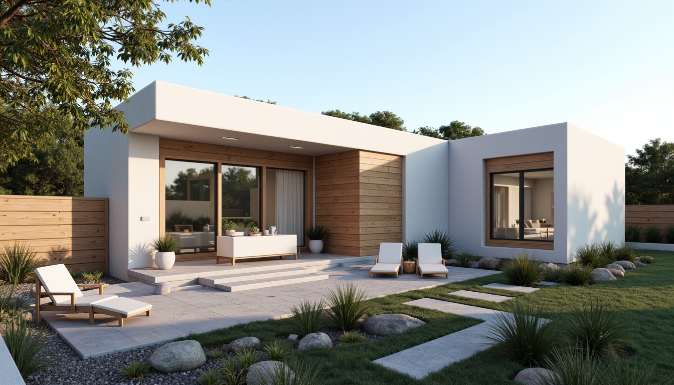 Prompt: Minimalist villa, clean lines, simple shapes, white stucco exterior, large windows, sliding glass doors, natural stone walls, wooden accents, horizontal wood slats, flat roofs, green roofs, succulent plants, gravel pathways, modern outdoor furniture, sleek metal railings, subtle lighting, warm ambient glow, soft shadows, 1/1 composition, realistic textures, ambient occlusion.