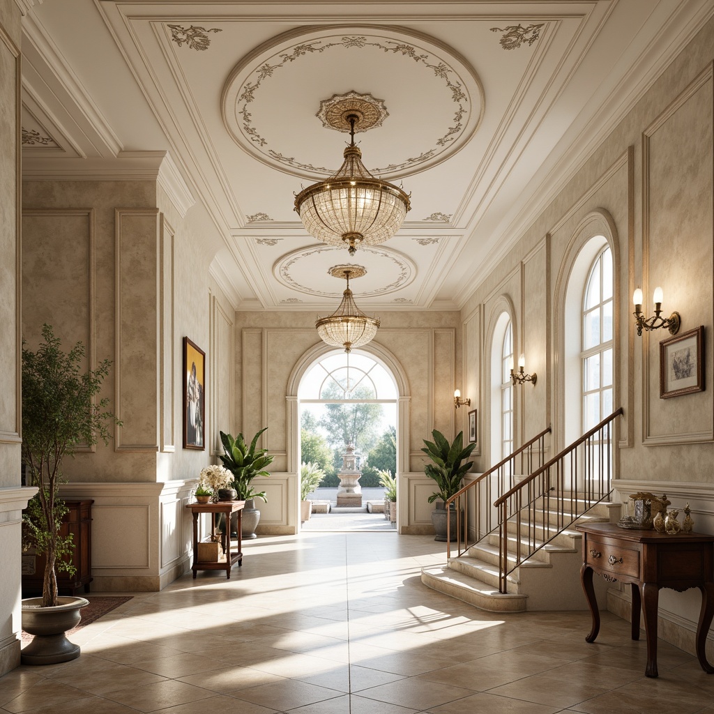 Prompt: Ornate plaster ceilings, decorative moldings, smooth white finishes, textured walls, rustic stone effects, Venetian plaster techniques, luxurious interior designs, grand entrance halls, sweeping staircases, elegant chandeliers, soft warm lighting, shallow depth of field, 3/4 composition, realistic textures, ambient occlusion.