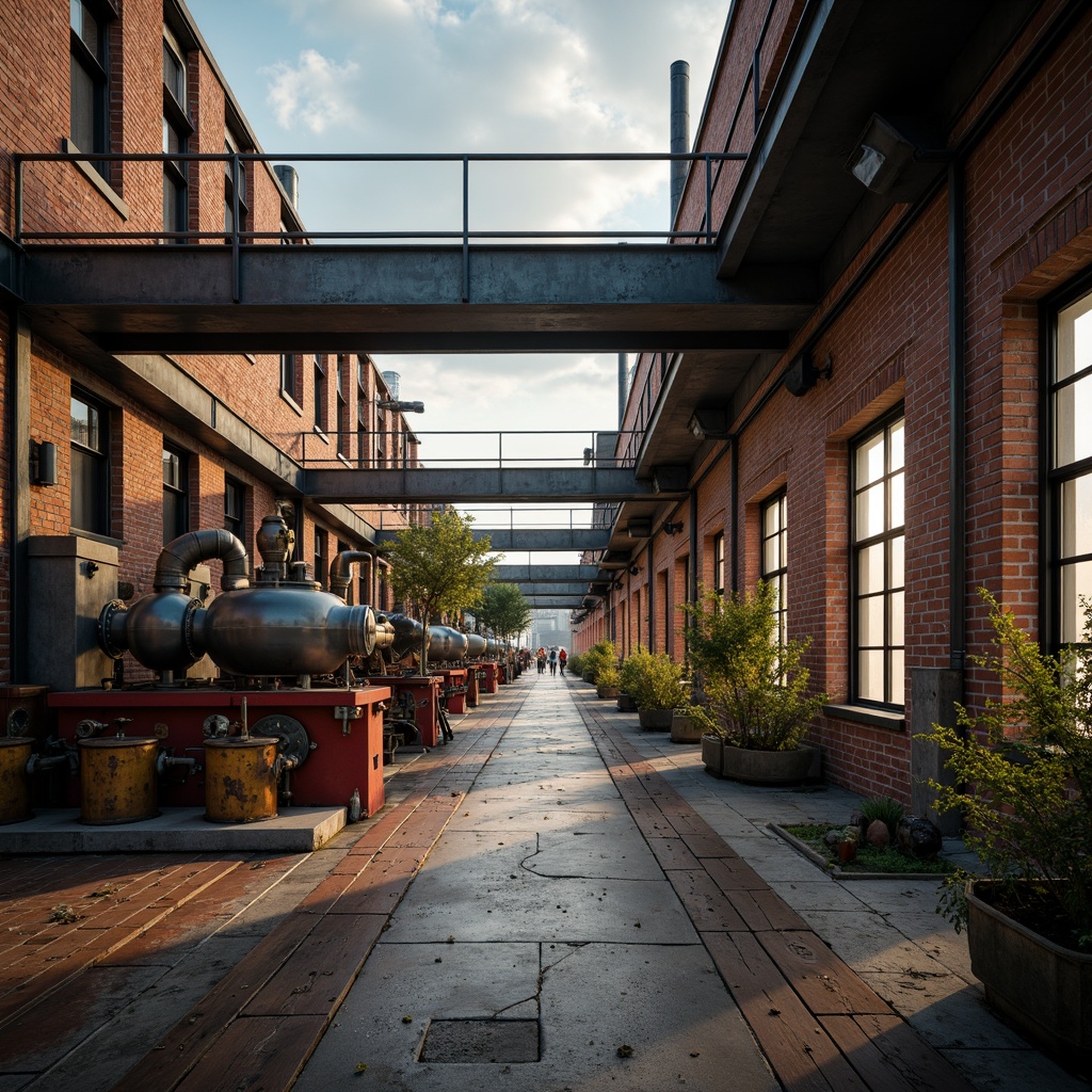 Prompt: Industrial factory setting, exposed brick walls, metal beams, worn wooden floors, distressed concrete textures, vintage machinery, rusty pipes, urban cityscape, cloudy grey skies, warm golden lighting, shallow depth of field, 1/2 composition, realistic materials, ambient occlusion, muted color palette, earthy tones, weathered steel blues, faded reds, industrial greens, creamy whites, rich browns.