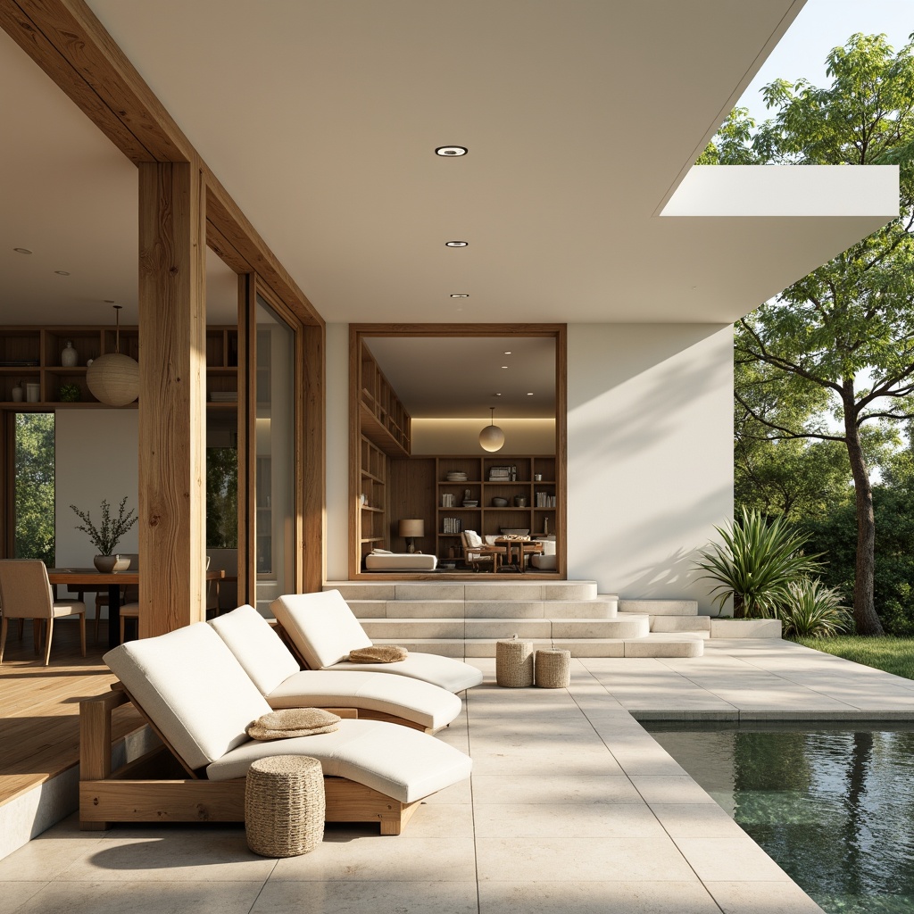 Prompt: Minimalist villa, clean lines, simple shapes, monochromatic color scheme, soft beige walls, creamy white accents, warm wooden floors, natural stone textures, lush greenery surroundings, serene atmosphere, abundant natural light, floor-to-ceiling windows, sliding glass doors, cozy reading nooks, built-in shelving units, subtle ambient lighting, 1/1 composition, shallow depth of field, realistic renderings.