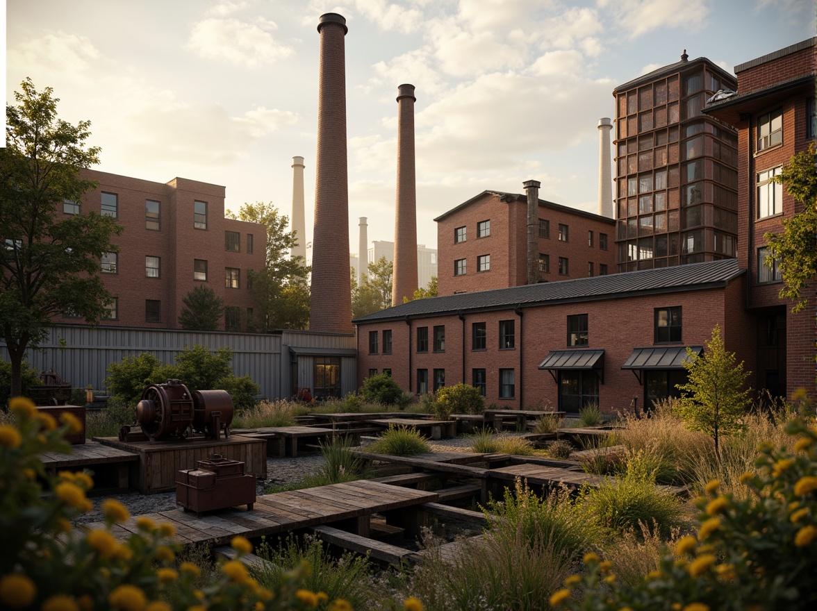 Prompt: Industrial factory complex, rustic brick buildings, corrugated metal roofs, worn concrete walls, vintage machinery, abandoned chimneys, overgrown vegetation, wildflowers, distressed wood textures, rusty metal accents, faded signage, nostalgic atmosphere, warm golden lighting, shallow depth of field, 1/2 composition, realistic weathering effects, ambient occlusion.