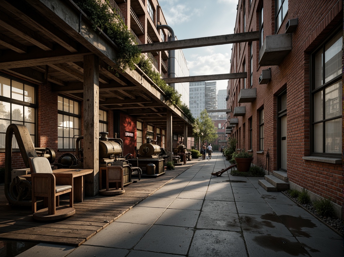 Prompt: Industrial factory setting, exposed brick walls, metal beams, worn wooden floors, distressed concrete textures, vintage machinery, rusty pipes, urban cityscape, cloudy grey skies, warm golden lighting, shallow depth of field, 1/2 composition, realistic materials, ambient occlusion, muted color palette, earthy tones, weathered steel blues, faded reds, industrial greens, creamy whites, rich browns.