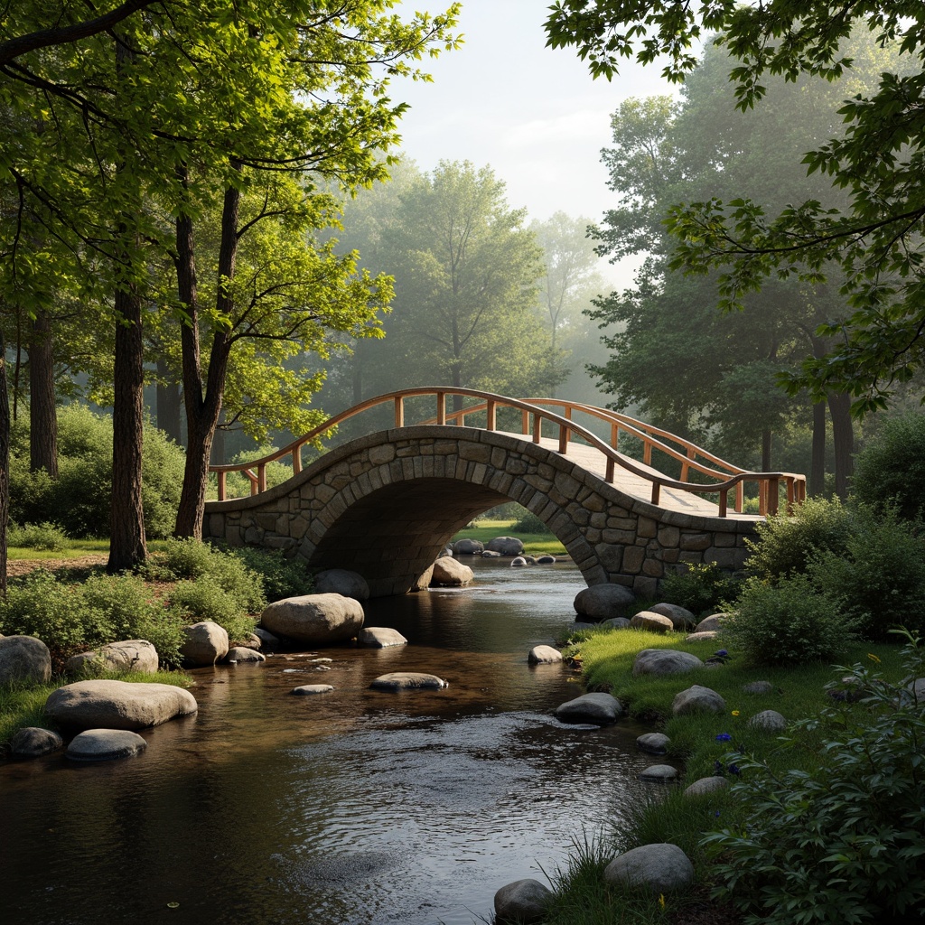 Prompt: Curved organic bridge, natural stone foundations, lush greenery surroundings, serene water flow, gentle stream crossings, wooden railings, rustic metal accents, earthy color palette, blended landscape integration, soft warm lighting, misty morning atmosphere, shallow depth of field, 1/1 composition, realistic textures, ambient occlusion.