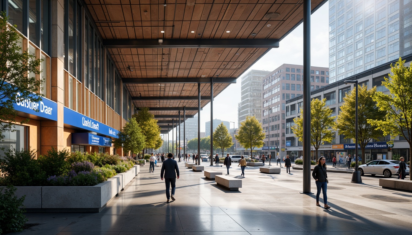 Prompt: Vibrant bus terminal, modern architecture, sleek metal beams, large glass windows, urban cityscape, bustling streets, morning commute, natural light, warm beige tones, deep blue accents, energetic orange hues, bold typography, wayfinding signage, pedestrian walkways, concrete flooring, stainless steel benches, greenery walls, ambient lighting, shallow depth of field, 3/4 composition, realistic textures.