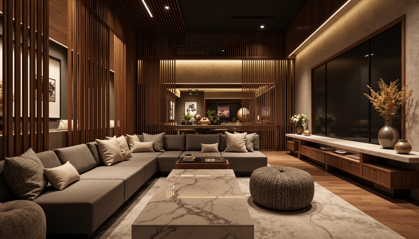 Prompt: Luxurious interior space, rich wood accents, smooth marble countertops, velvety soft upholstery, metallic chrome fixtures, matte black frames, natural stone walls, ambient warm lighting, shallow depth of field, 1/1 composition, realistic textures, subtle reflections.