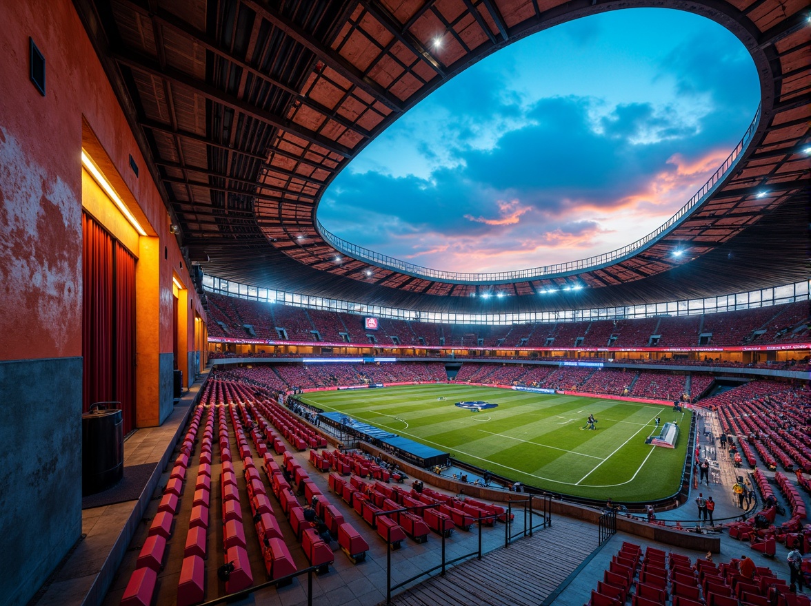 Prompt: Vibrant stadium, expressionist architecture, bold concrete structures, rough stone walls, rusty metal beams, distressed wood accents, dynamic curved lines, abstract geometric patterns, bright neon lights, electric atmosphere, intense shadows, high-contrast colors, dramatic spotlights, cinematic composition, 1/2 camera angle, shallow depth of field, realistic textures, ambient occlusion.