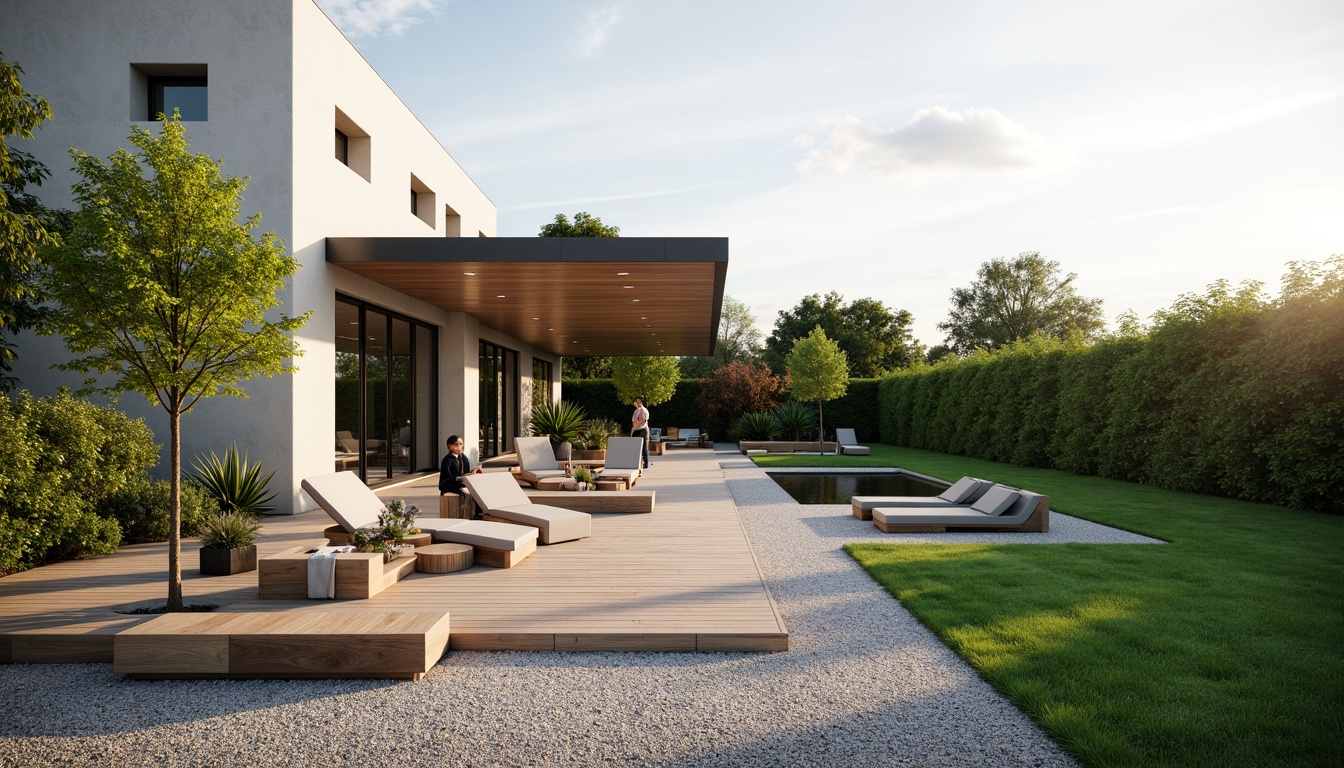 Prompt: Sleek villa, minimalist architecture, clean lines, simple forms, neutral color palette, lush greenery, trimmed hedges, manicured lawns, gravel pathways, natural stone walls, wooden decks, modern outdoor furniture, geometric planters, succulent arrangements, serene ambiance, soft warm lighting, shallow depth of field, 3/4 composition, panoramic view, realistic textures, ambient occlusion.