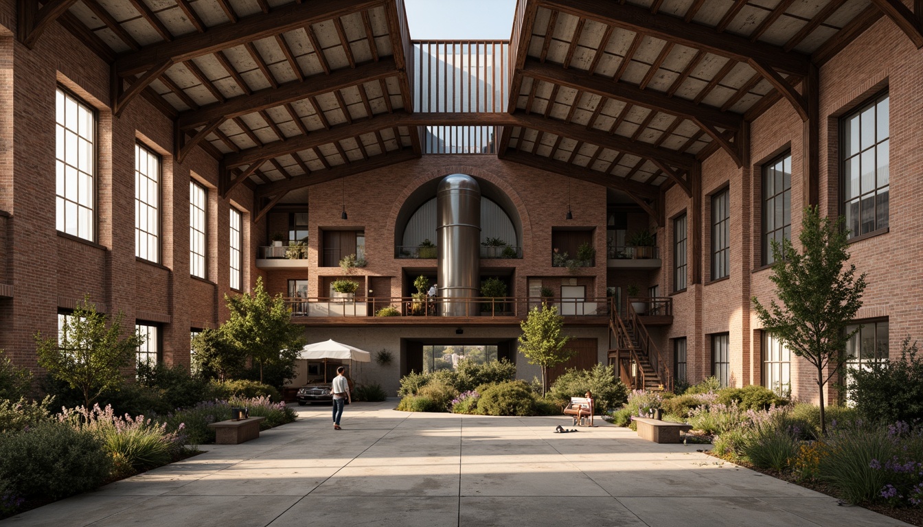 Prompt: Rustic industrial landscape, abandoned factories, worn brick walls, distressed metal roofs, reclaimed wood accents, earthy tones, natural textures, regional materials, local craftsmanship, exposed ductwork, concrete floors, steel beams, functional minimalism, industrial chic aesthetic, warm soft lighting, shallow depth of field, 1/1 composition, realistic renderings, ambient occlusion.