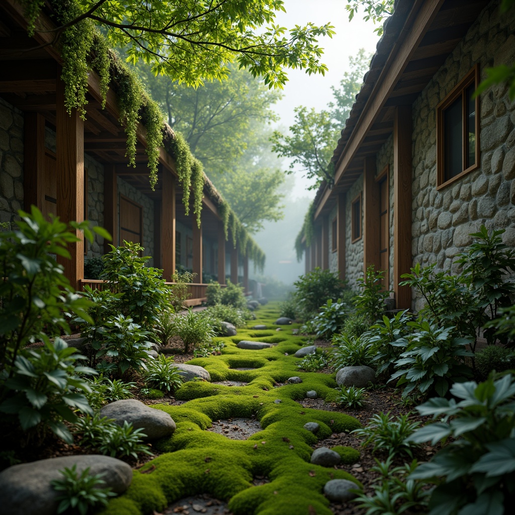 Prompt: Mossy forest floor, lush greenery, misty atmosphere, natural stone walls, wooden accents, earthy tones, organic textures, soft warm lighting, shallow depth of field, 3/4 composition, panoramic view, realistic foliage, ambient occlusion, serene ambiance, whimsical details, intricate patterns, nature-inspired design.