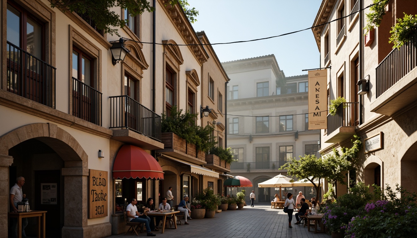 Prompt: Rustic market square, vintage street lamps, ornate ironwork, distressed stonework, curved balconies, decorative shutters, wooden signage, flower-filled window boxes, soft warm lighting, morning mist, shallow depth of field, 1/2 composition, romantic European architecture, intricate moldings, ornate facades, grand entranceways, arched windows, colorful awnings, lively street performers, bustling market atmosphere.