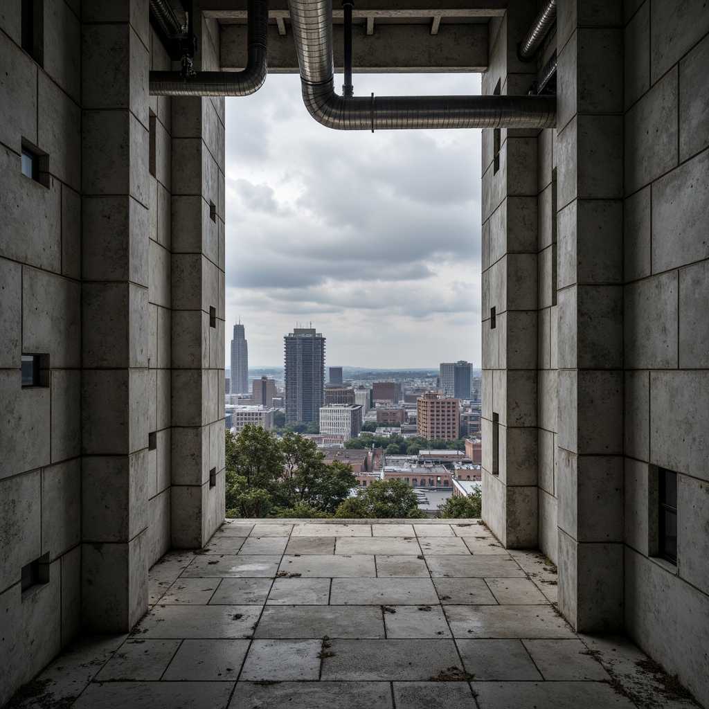 Prompt: Rugged concrete walls, exposed ductwork, industrial pipes, raw steel beams, brutalist architecture, fortress-like structures, monumental scale, geometric shapes, angular lines, minimal ornamentation, functional simplicity, urban landscapes, city skylines, overcast skies, dramatic shadows, high-contrast lighting, 1/1 composition, symmetrical framing, gritty textures, ambient occlusion.