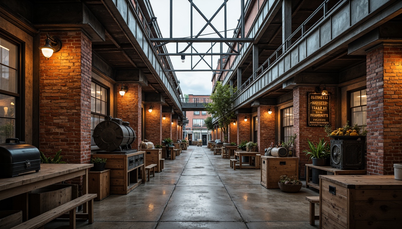 Prompt: Rustic industrial factory, exposed brick walls, metallic beams, reclaimed wood accents, distressed concrete floors, vintage machinery, urban cityscape, cloudy grey sky, warm soft lighting, shallow depth of field, 1/1 composition, realistic textures, ambient occlusion, worn wooden crates, old-fashioned lanterns, faded signage, eclectic mix of materials, post-industrial aesthetic, nostalgic atmosphere.