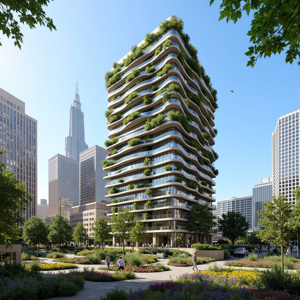 Prompt: Eco-friendly skyscraper, green roofs, solar panels, wind turbines, rainwater harvesting systems, recycled materials, minimalist design, natural ventilation, large windows, abundant daylight, urban garden, lush greenery, vibrant flowers, modern architecture, sleek metal buildings, reflective glass surfaces, angular lines, innovative cooling technologies, shaded outdoor spaces, misting systems, sustainable energy solutions, water conservation systems, Arabic-inspired patterns, vibrant colorful textiles, intricate geometric motifs, bright sunny day, clear blue sky, panoramic view, realistic textures, ambient occlusion.