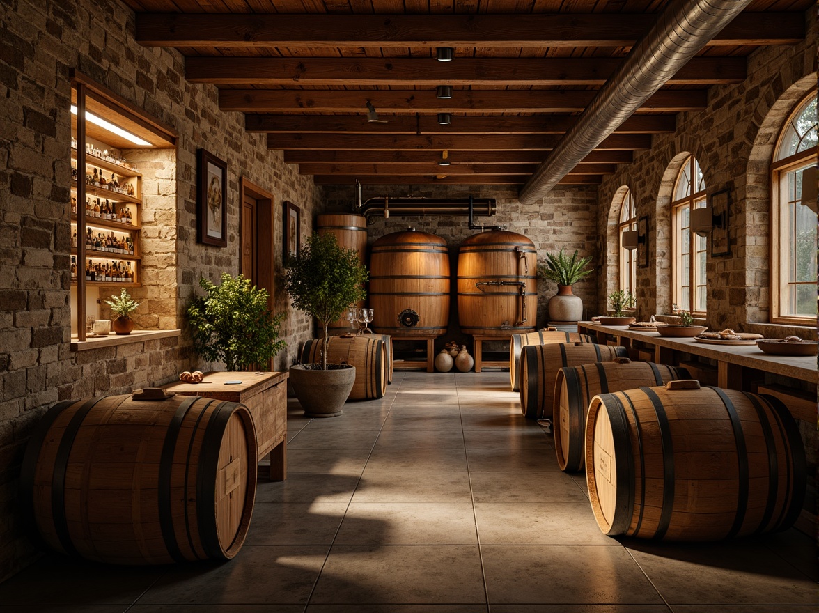 Prompt: Rustic winery, wooden barrels, stone walls, earthy tones, natural lighting, reclaimed wood accents, metal roofing, industrial chic decor, vintage wine-making equipment, exposed brick ceilings, wooden fermentation tanks, oak aging rooms, dim warm ambiance, soft golden lighting, shallow depth of field, 1/1 composition, realistic textures, ambient occlusion.