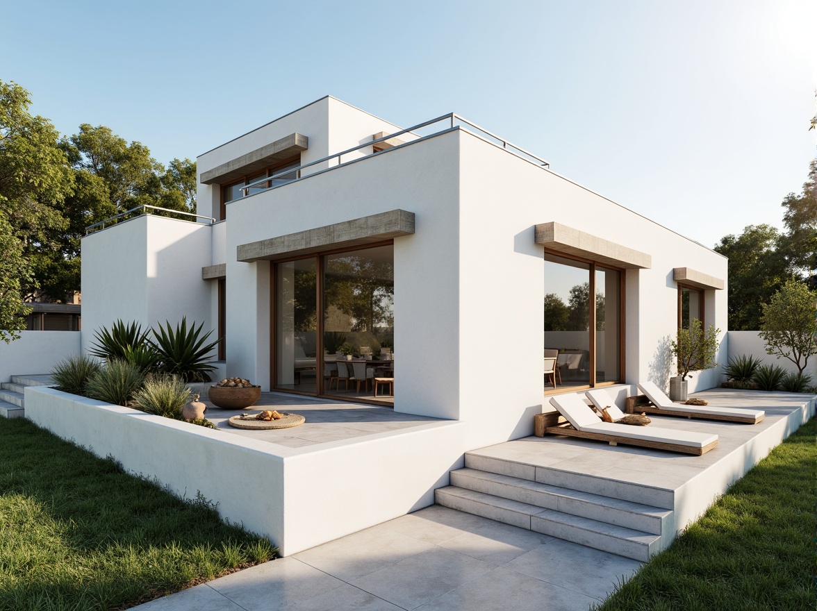 Prompt: Clean lines, minimalist villa, white stucco exterior, large windows, sliding glass doors, flat roofs, simple cornices, neutral color palette, natural stone accents, wooden shutters, metal railings, lush greenery, tropical plants, sunny day, soft warm lighting, shallow depth of field, 3/4 composition, panoramic view, realistic textures, ambient occlusion.