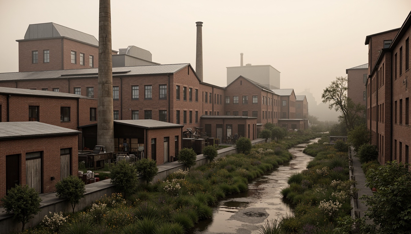 Prompt: Industrial factory complex, rustic brick buildings, corrugated metal roofs, worn concrete walls, vintage machinery, abandoned chimneys, overgrown vegetation, wildflowers, meandering streams, misty atmosphere, soft warm lighting, shallow depth of field, 3/4 composition, panoramic view, realistic textures, ambient occlusion, regionalist architectural style, functional simplicity, earthy color palette, distressed finishes, reclaimed wood accents, metal cladding, industrial heritage, nostalgic ambiance.