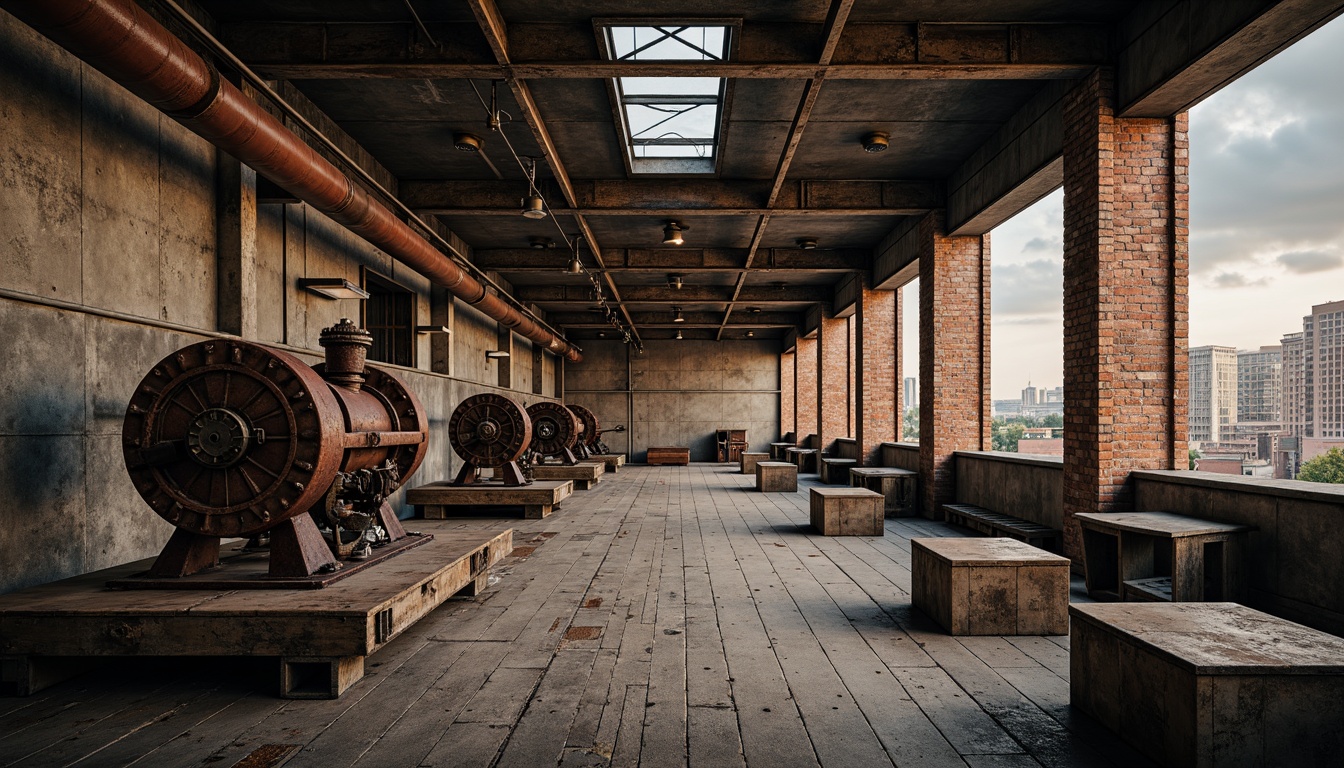 Prompt: Industrial factory setting, exposed brick walls, metal beams, worn wooden floors, distressed concrete textures, vintage machinery, rusty pipes, urban cityscape, cloudy grey skies, warm golden lighting, shallow depth of field, 1/2 composition, realistic materials, ambient occlusion, muted color palette, earthy tones, weathered steel blues, faded reds, industrial greens, creamy whites, rich browns.