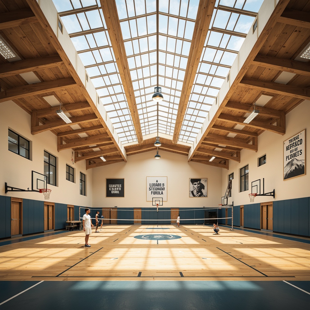 Prompt: Spacious gymnasium interior, high ceilings, clerestory windows, natural light pouring in, wooden flooring, sports equipment, basketball hoops, volleyball nets, athletic tracks, motivational quotes, modern architecture, minimalist design, bright color scheme, soft warm lighting, shallow depth of field, 3/4 composition, panoramic view, realistic textures, ambient occlusion.