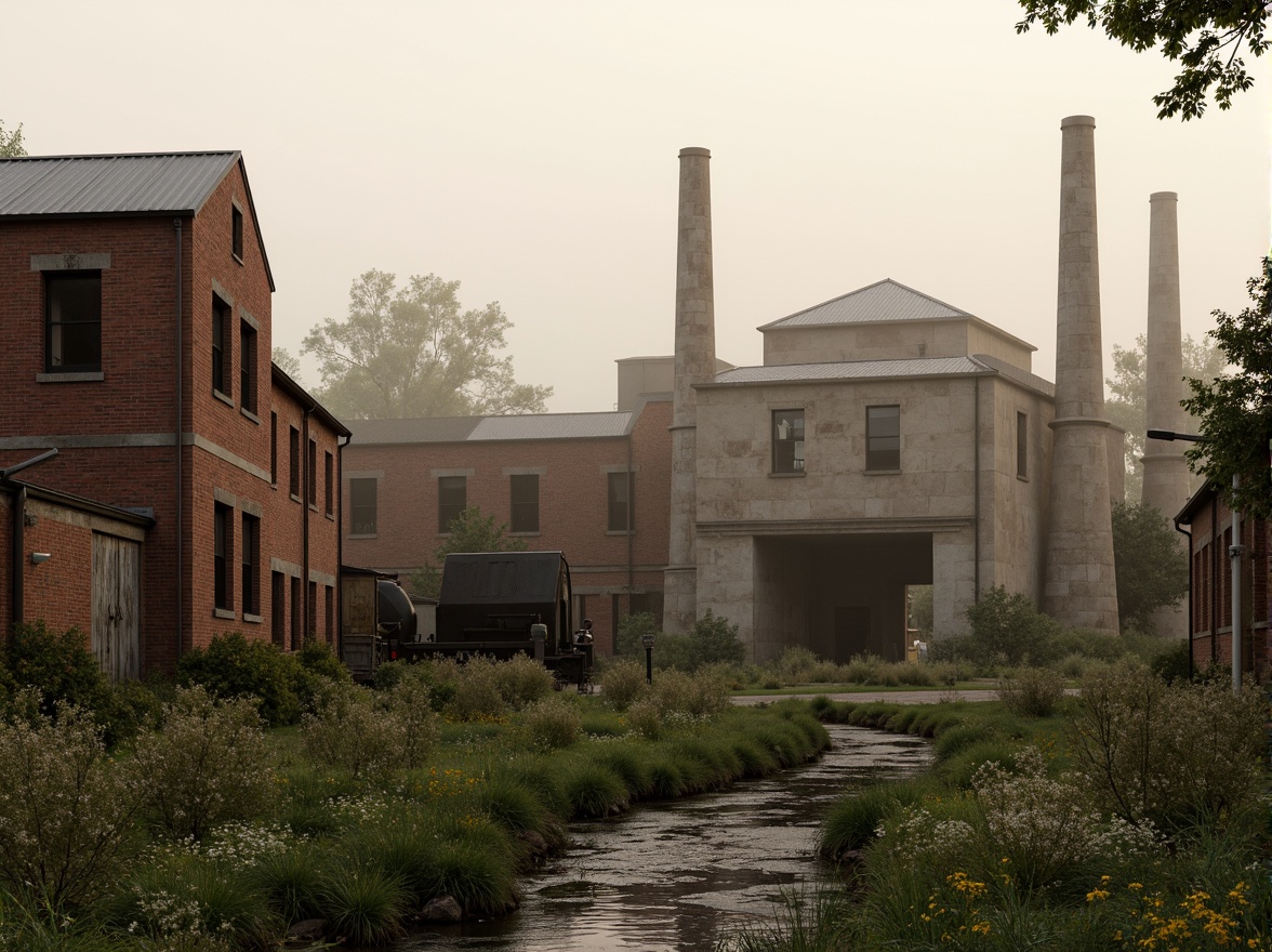 Prompt: Industrial factory complex, rustic brick buildings, corrugated metal roofs, worn concrete walls, vintage machinery, abandoned chimneys, overgrown vegetation, wildflowers, meandering streams, misty atmosphere, soft warm lighting, shallow depth of field, 3/4 composition, panoramic view, realistic textures, ambient occlusion, regionalist architectural style, functional simplicity, earthy color palette, distressed finishes, reclaimed wood accents, metal cladding, industrial heritage, nostalgic ambiance.